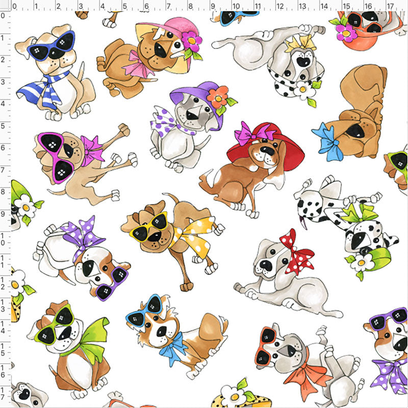 Tossed Go Doggies White Fabric Yard